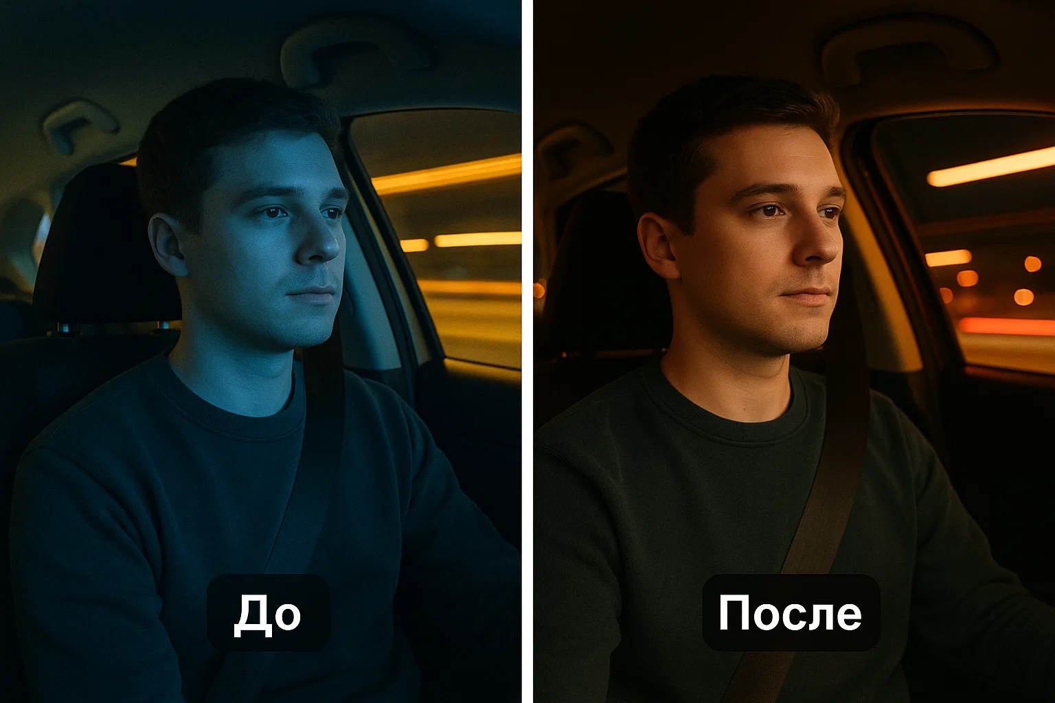 Слева «до» — гость в салоне выглядит слегка синеватым, справа «после» — кожа нейтральная, фон остаётся тёплым